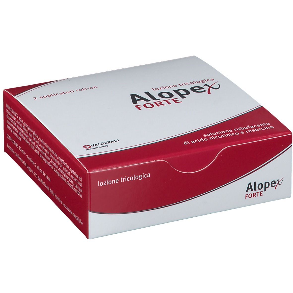 Confezione di Alopex Forte Lotion. Scatola bianca e rossa con nome e logo del prodotto. Contiene 2 applicatori roll-on.