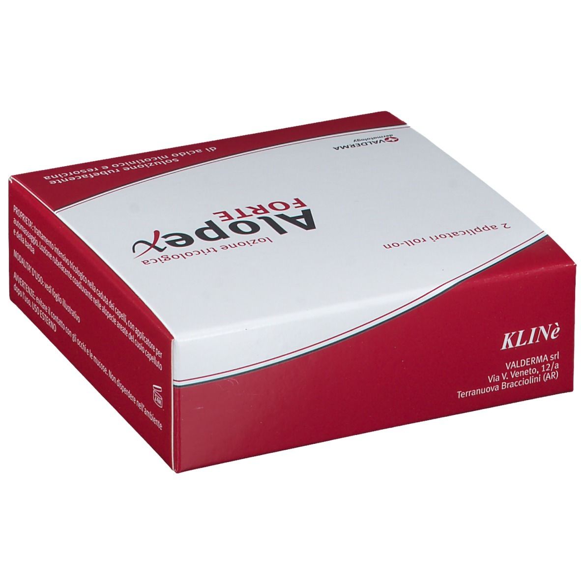 Confezione di Alopex Forte Lotion. Scatola bianca e rossa con nome e logo del prodotto. Contiene 2 applicatori roll-on.