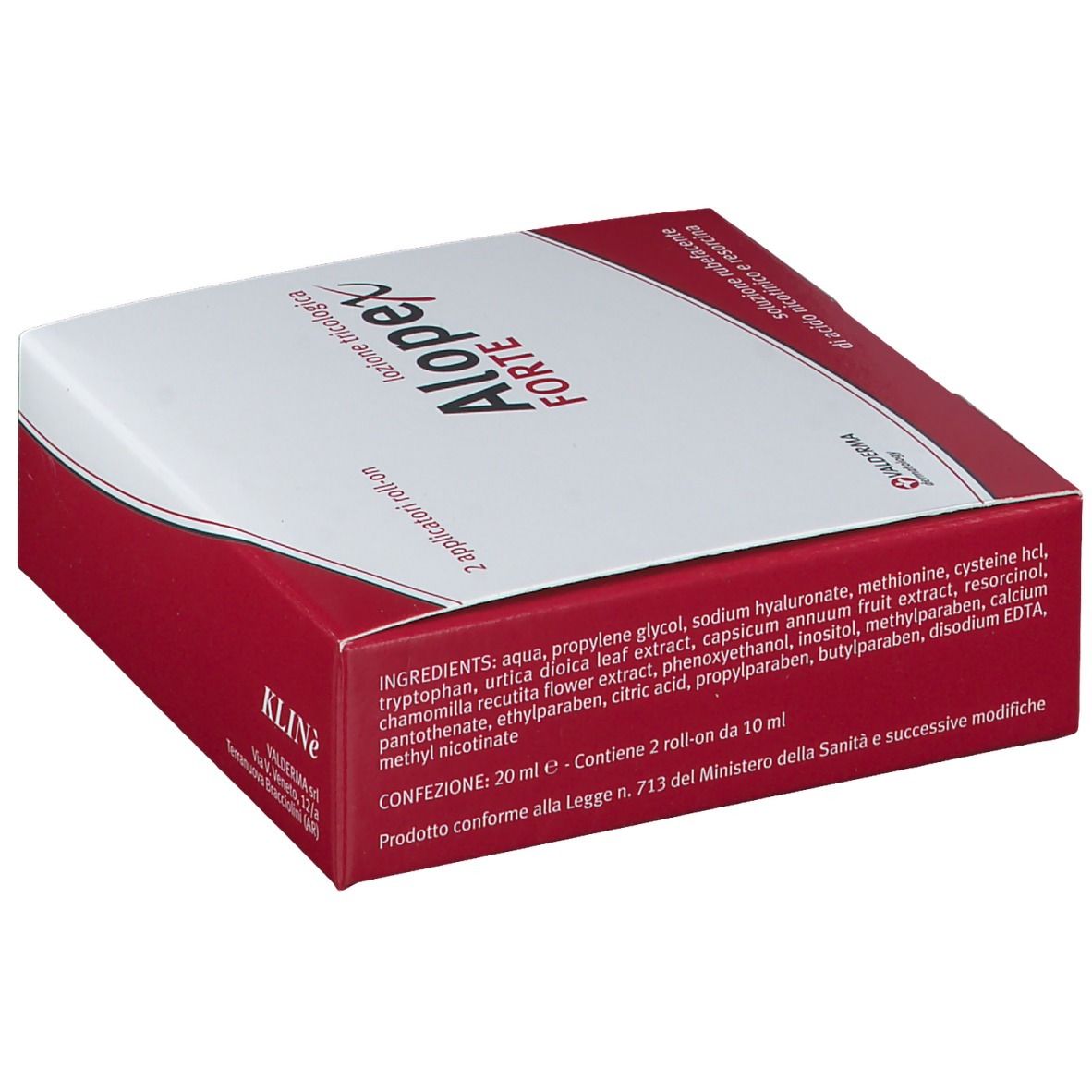 Confezione di Alopex Forte Lotion. Scatola bianca e rossa con nome e logo del prodotto. Contiene 2 applicatori roll-on.
