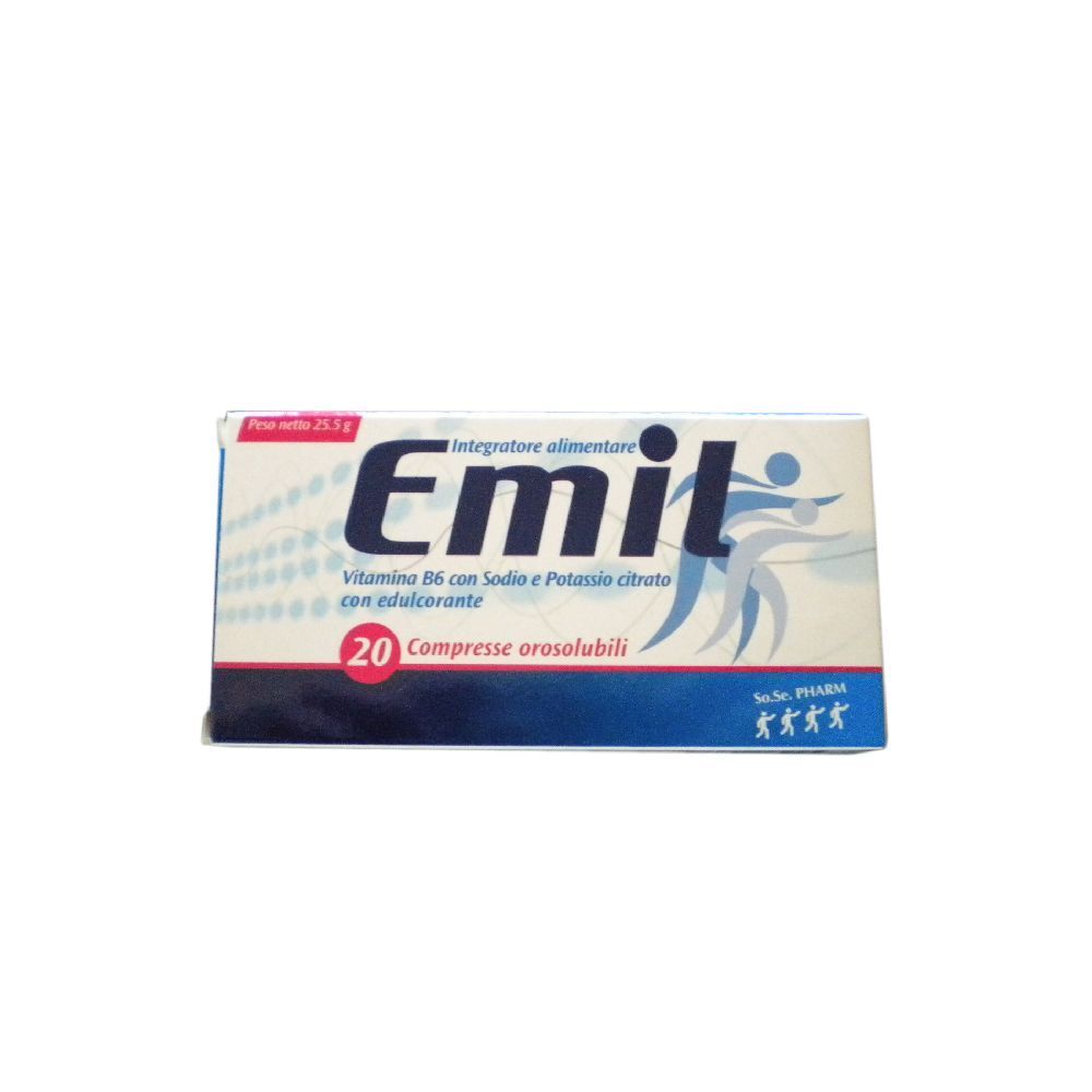 Confezione di compresse "Emil". Contiene 20 compresse orosolubili. Contiene vitamina B6, sodio, citrato di potassio, edulcorante.