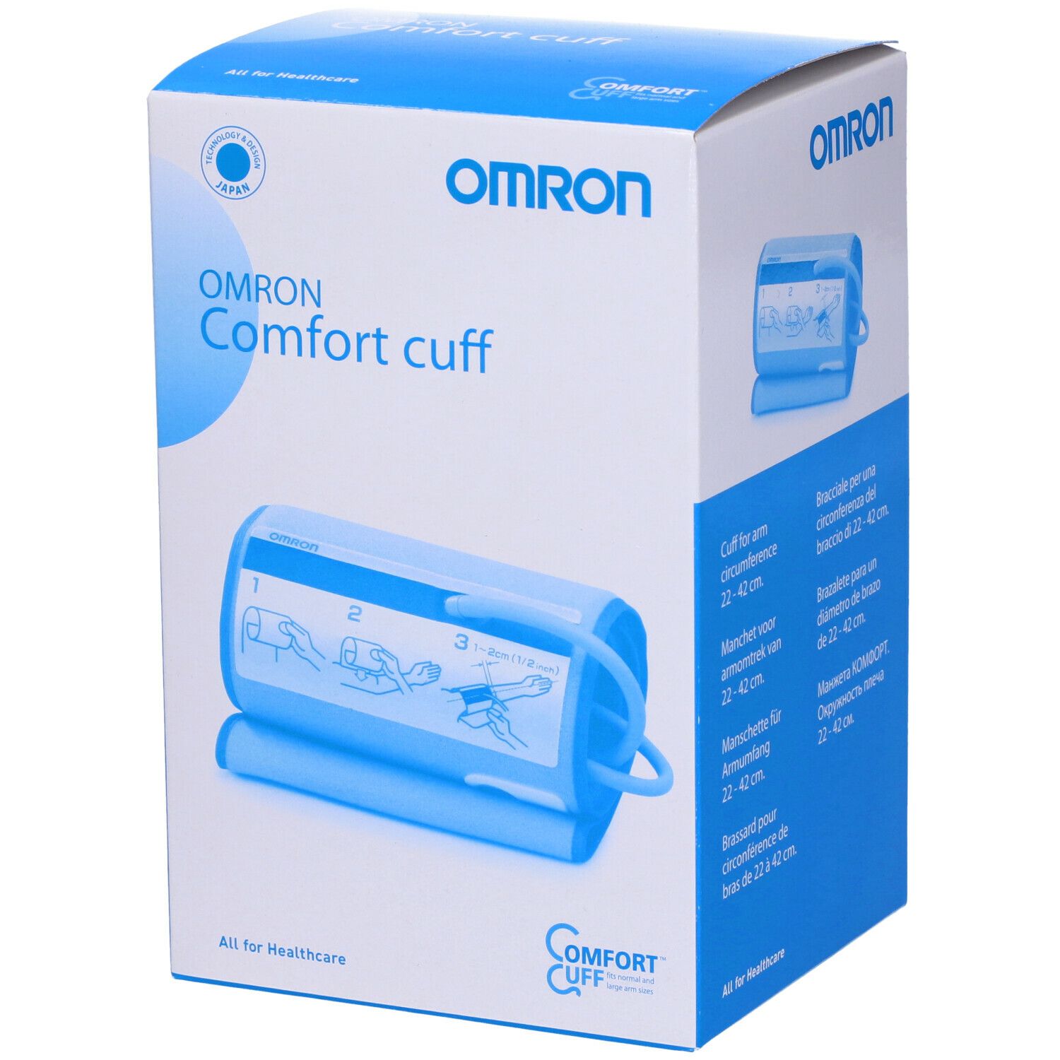 Scatola blu con immagine bracciale. Testo: Omron Comfort cuff. Per circonferenza braccio 22-42 cm.