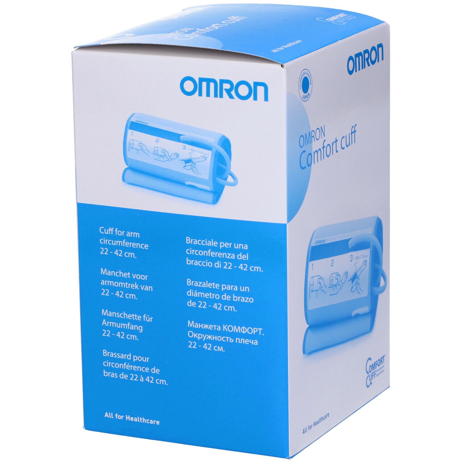 Scatola blu con immagine bracciale. Testo: Omron Comfort cuff. Per circonferenza braccio 22-42 cm. Multilingue.