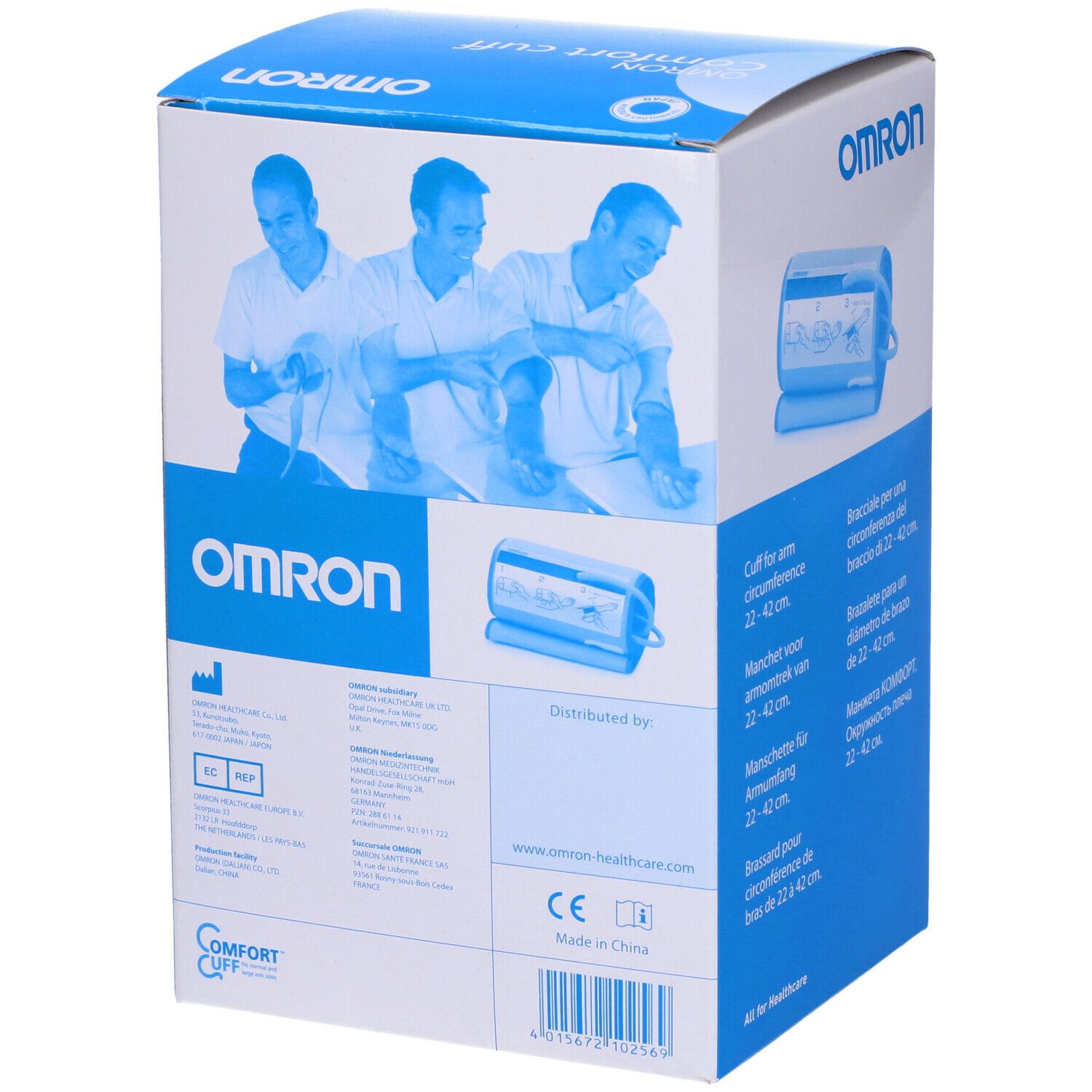 Scatola blu con immagine bracciale. Testo: Omron Comfort cuff. Per circonferenza braccio 22-42 cm. Multilingue.
