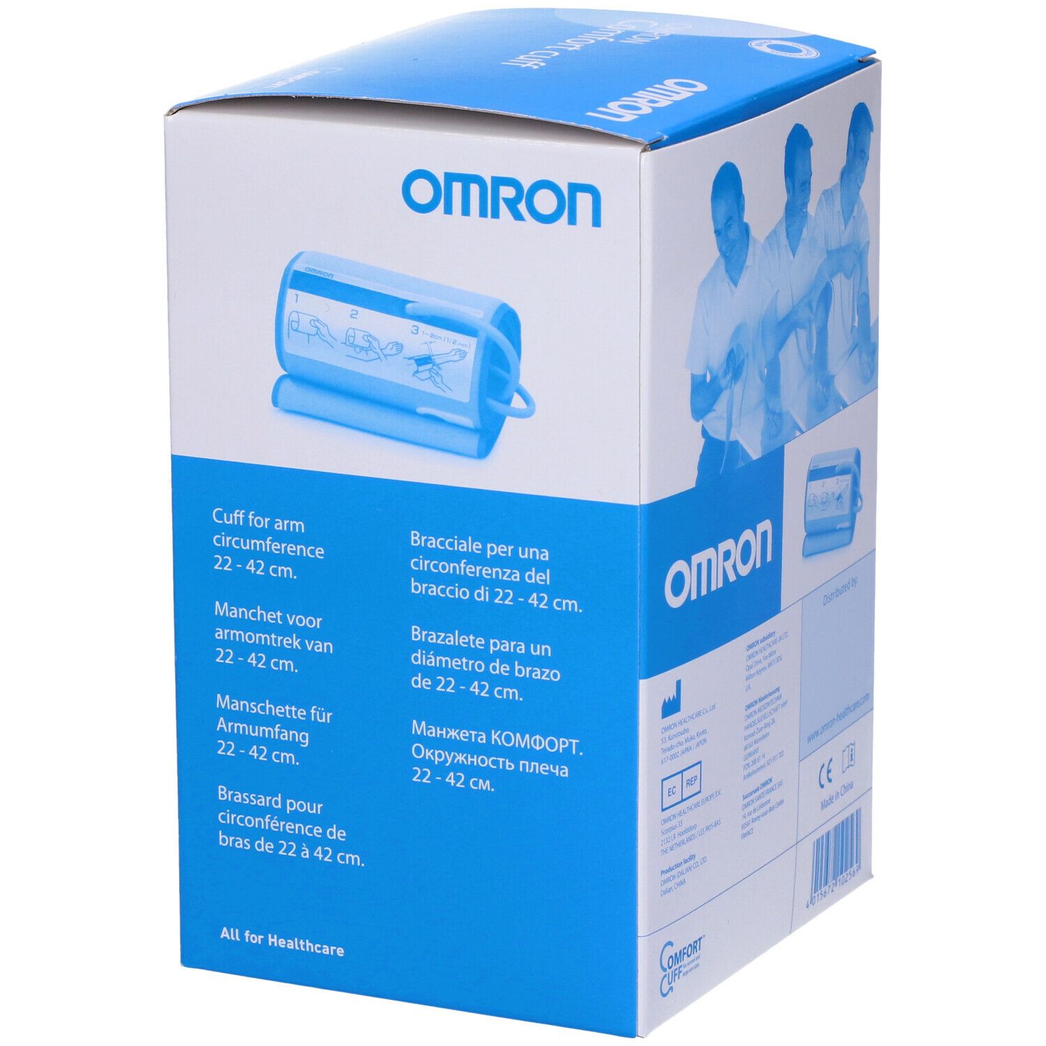 Scatola blu con immagine bracciale. Testo: Omron Comfort cuff. Per circonferenza braccio 22-42 cm. Multilingue.