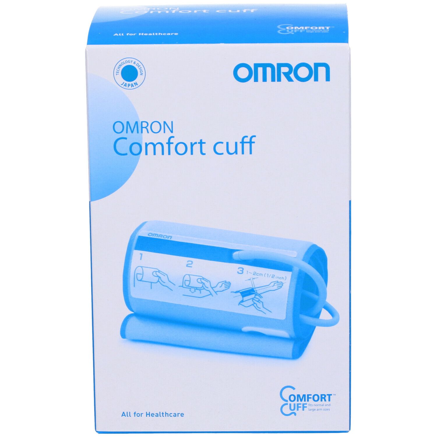 Scatola blu con immagine bracciale. Testo: Omron Comfort cuff. Per circonferenza braccio 22-42 cm.