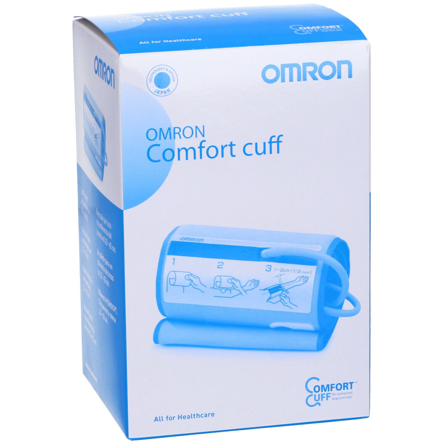 Scatola blu con immagine bracciale. Testo: Omron Comfort cuff. Per circonferenza braccio 22-42 cm.