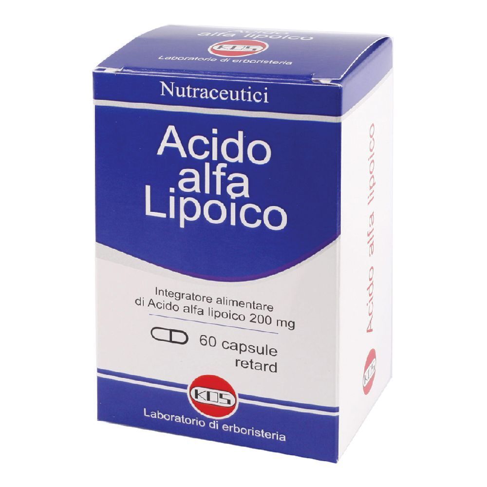 Scatola KOS Alpha-Liponsäure. Blu e bianca, nome prodotto e logo KOS. Contiene 60 capsule.