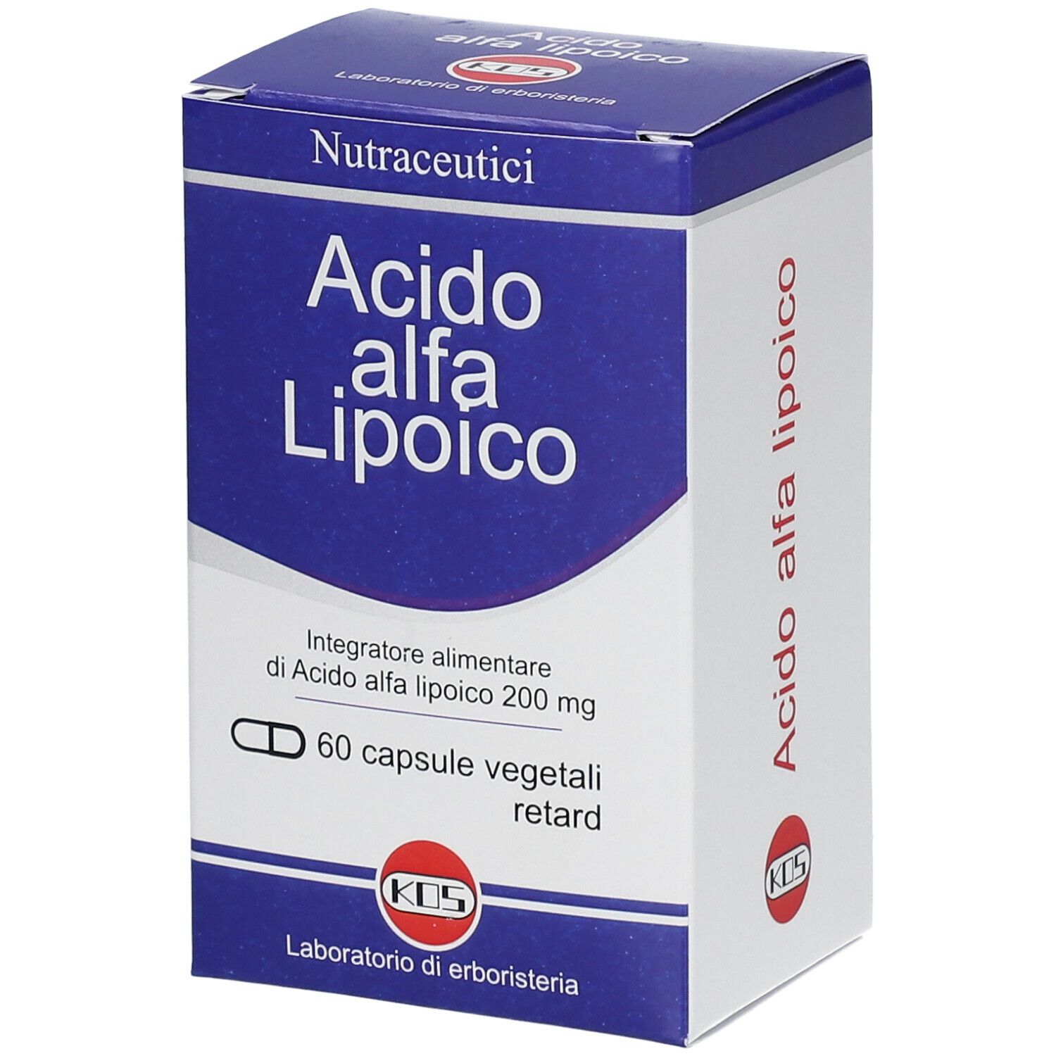 Scatola KOS Alpha-Liponsäure. Blu e bianca, nome prodotto e logo KOS. 60 capsule.