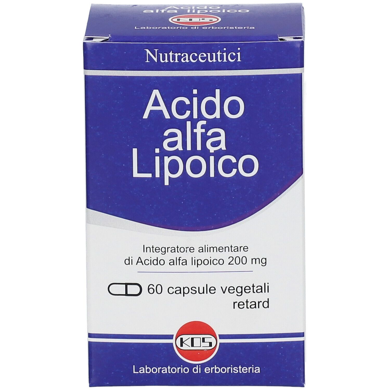 Scatola KOS Alpha-Liponsäure. Blu e bianca, nome prodotto e logo KOS. 60 capsule.