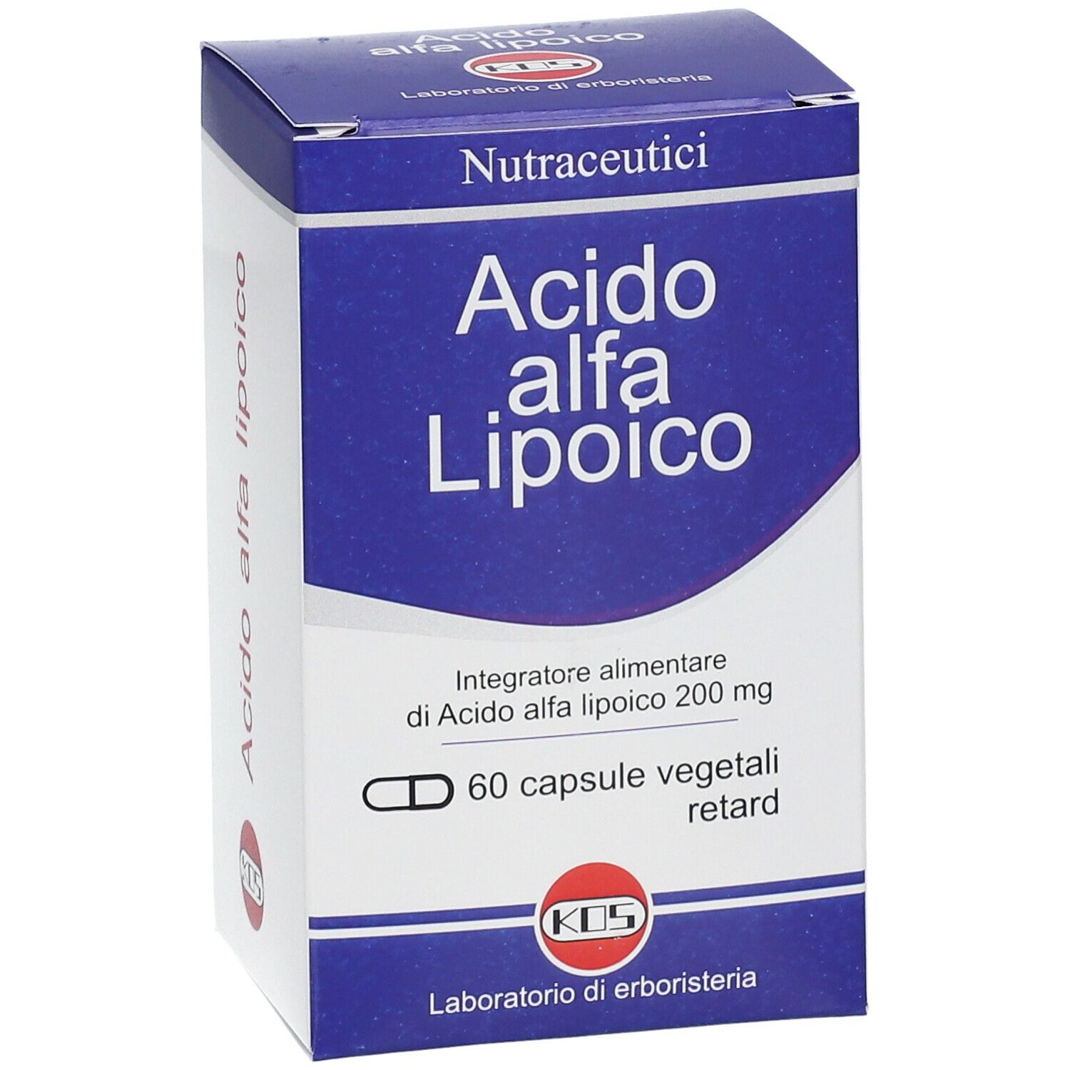 Scatola KOS Alpha-Liponsäure. Blu e bianca, nome prodotto e logo KOS. 60 capsule.