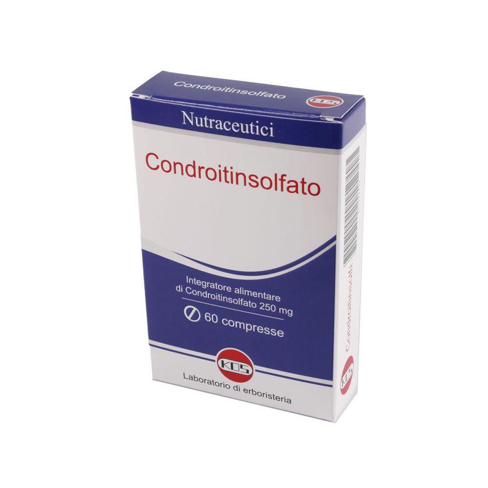KOS Chondroitinsulfat-Verpackung. Blaue und weiße Schachtel mit Produktnamen und Logo. Enthält 60 Tabletten.