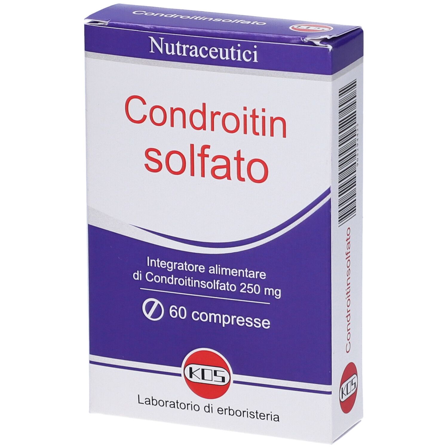 KOS Chondroitinsulfat-Verpackung. Blaue und weiße Schachtel mit Produktnamen und Logo. Enthält 60 Tabletten.