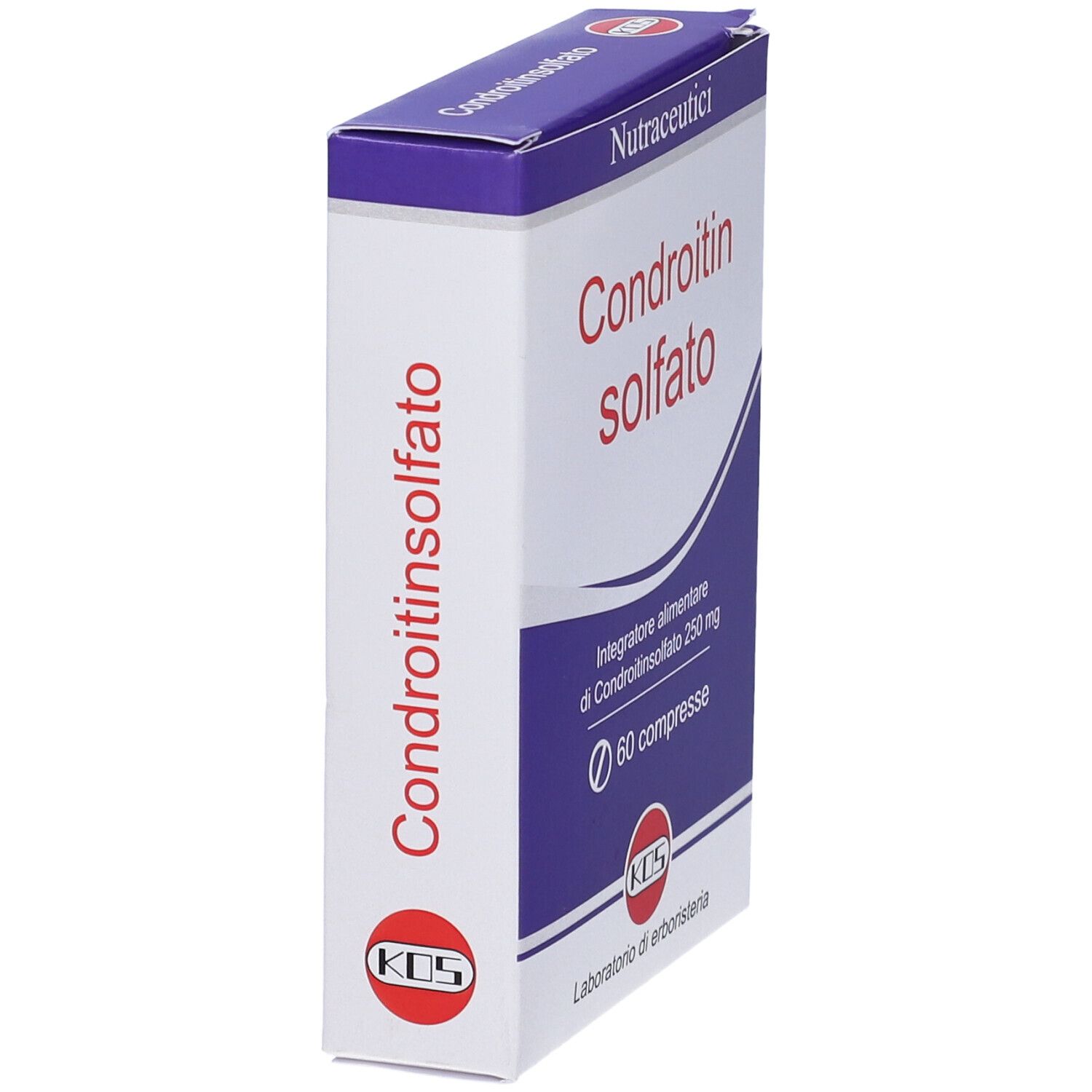 KOS Chondroitinsulfat-Verpackung. Blaue und weiße Schachtel mit Produktnamen und Logo. Enthält 60 Tabletten.