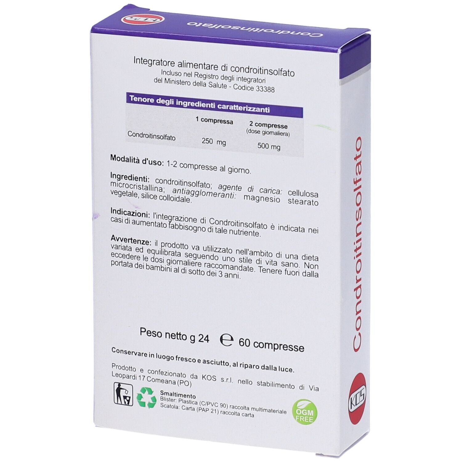 Rückseite der KOS Chondroitinsulfat-Verpackung. Enthält Informationen zu Inhaltsstoffen und Dosierung. 60 Tabletten.