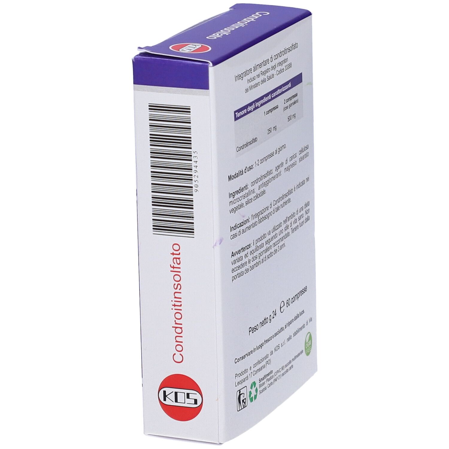 KOS Chondroitinsulfat-Verpackung. Blaue und weiße Schachtel mit Produktnamen und Logo. Enthält 60 Tabletten.