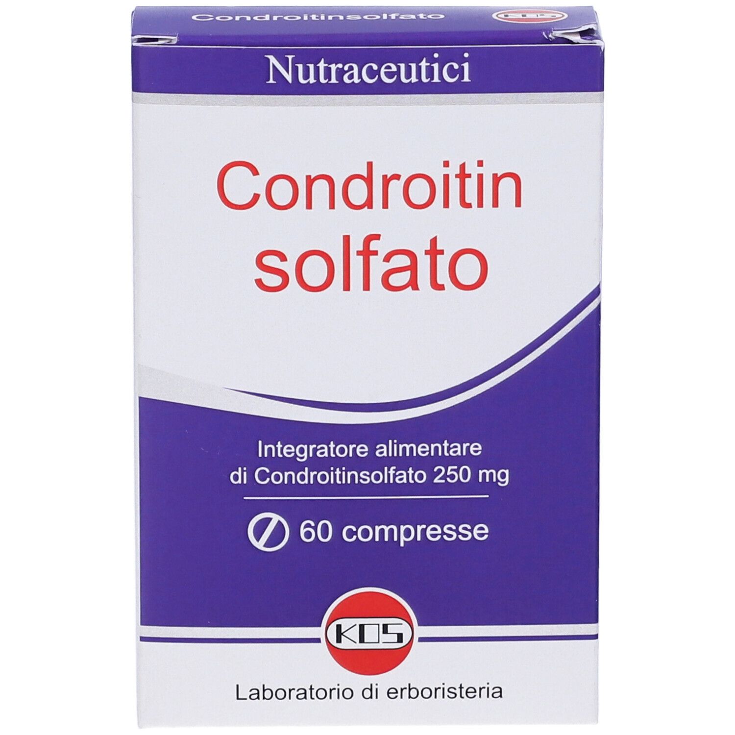KOS Chondroitinsulfat-Verpackung. Blaue und weiße Schachtel mit Produktnamen und Logo. Enthält 60 Tabletten.