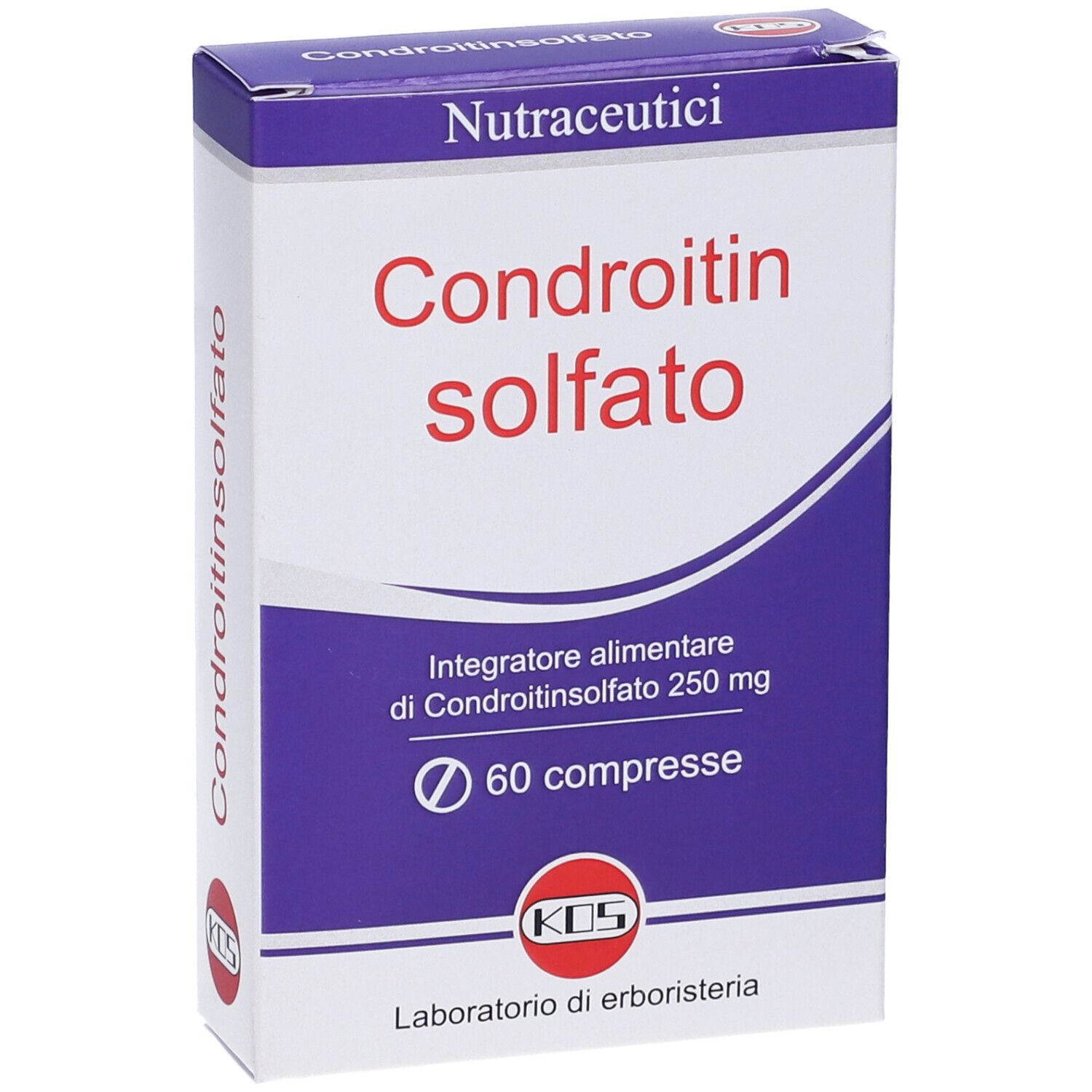 KOS Chondroitinsulfat-Verpackung. Blaue und weiße Schachtel mit Produktnamen und Logo. Enthält 60 Tabletten.