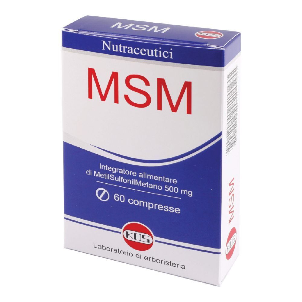 Scatola KOS MSM Compresse. Scritta rossa MSM. Contiene 60 compresse. Logo KOS in basso.