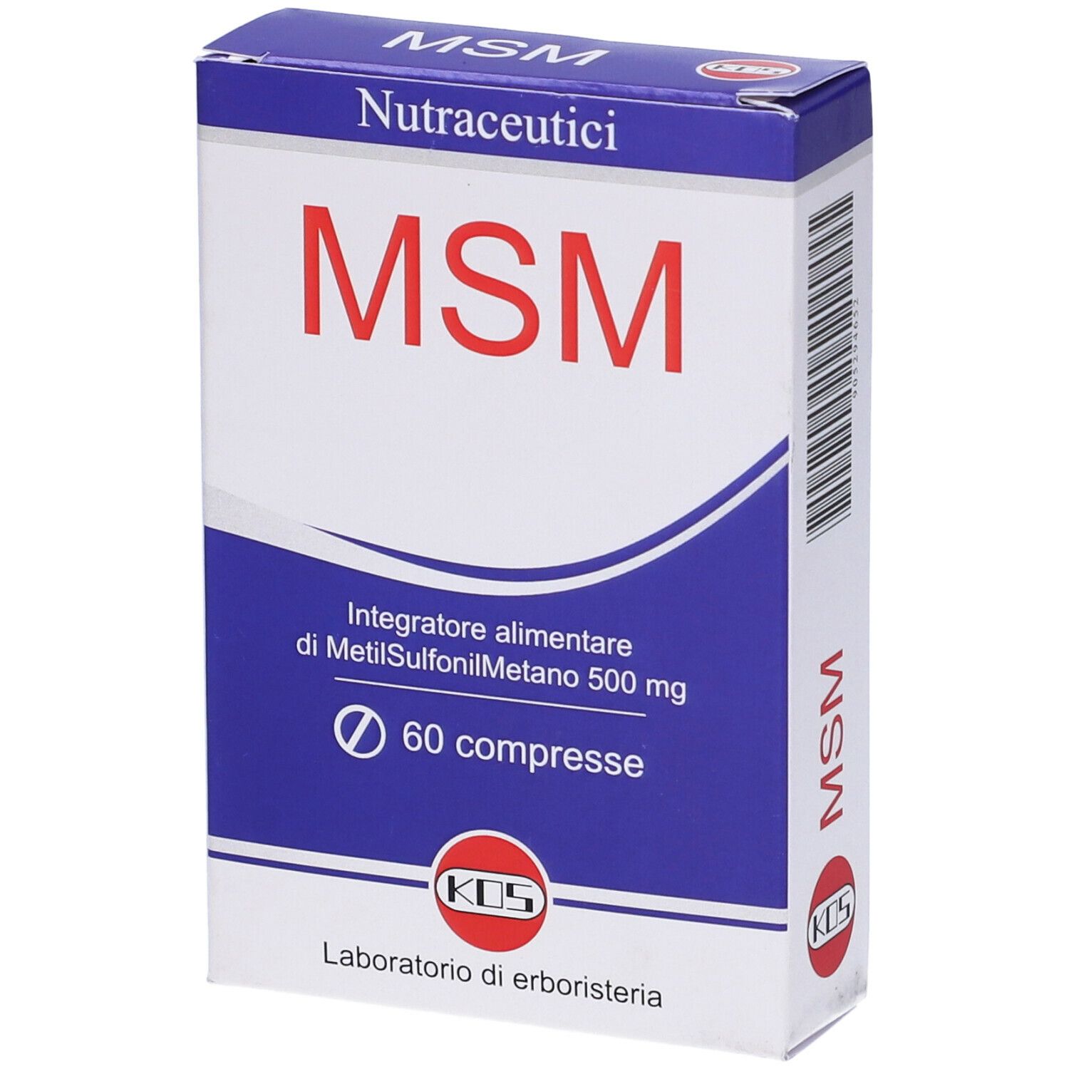 Scatola KOS MSM Compresse. Scritta rossa MSM su sfondo blu. Contiene 60 compresse. Logo KOS.