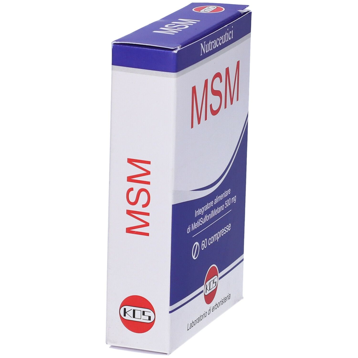 Scatola KOS MSM Compresse. Scritta rossa MSM su sfondo blu. Contiene 60 compresse. Logo KOS.