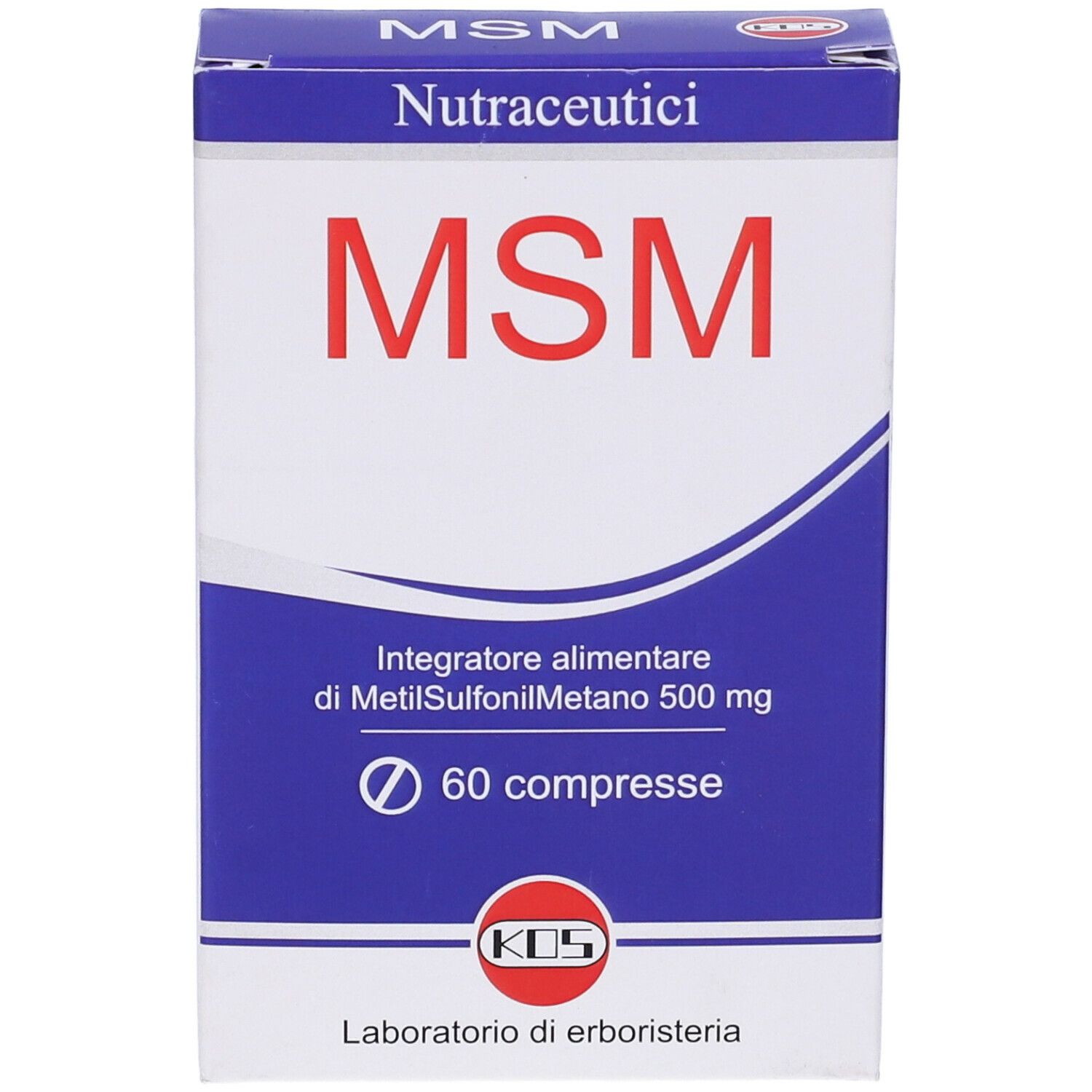 Scatola KOS MSM Compresse. Scritta rossa MSM su sfondo blu. Contiene 60 compresse. Logo KOS.