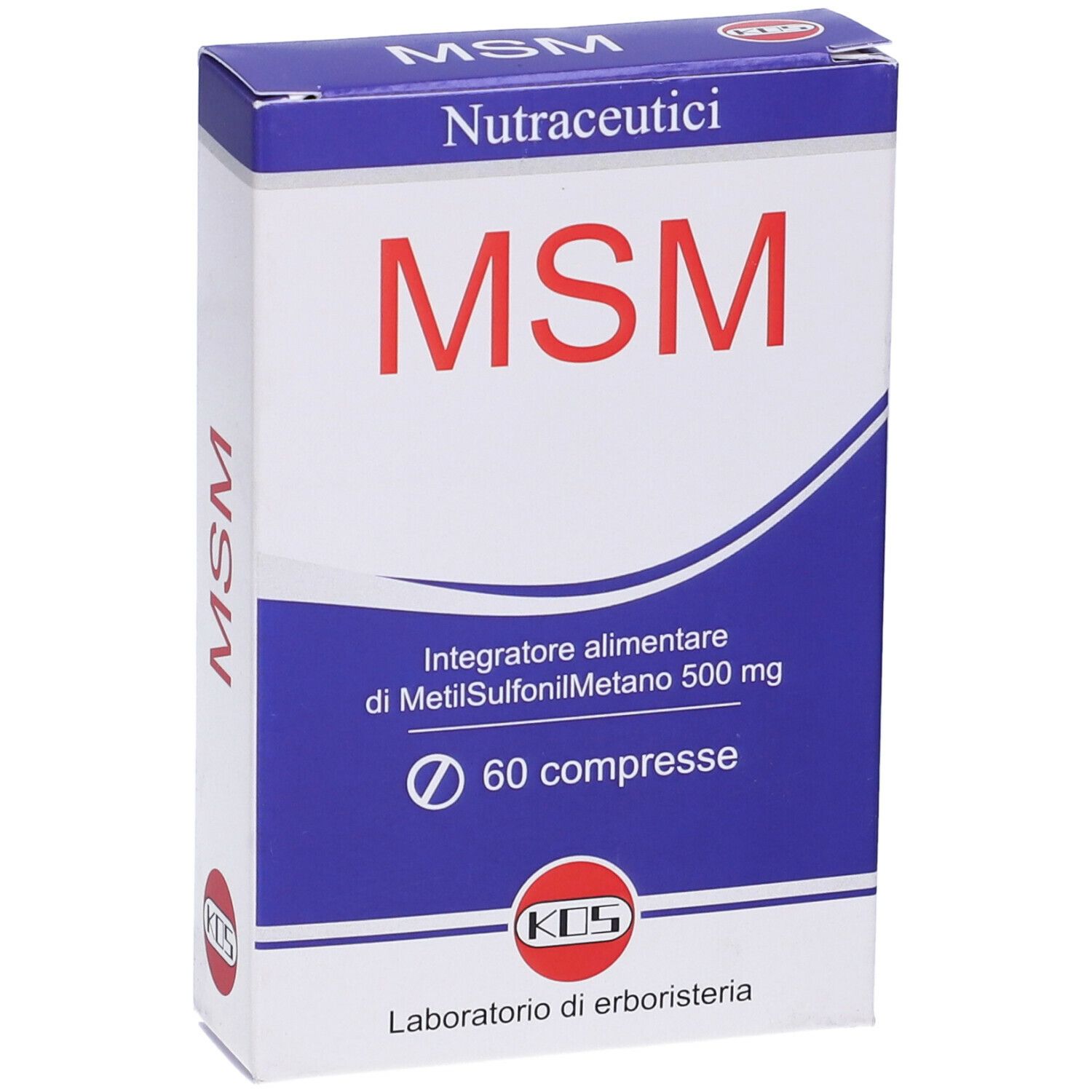 Scatola KOS MSM Compresse. Scritta rossa MSM su sfondo blu. Contiene 60 compresse. Logo KOS.