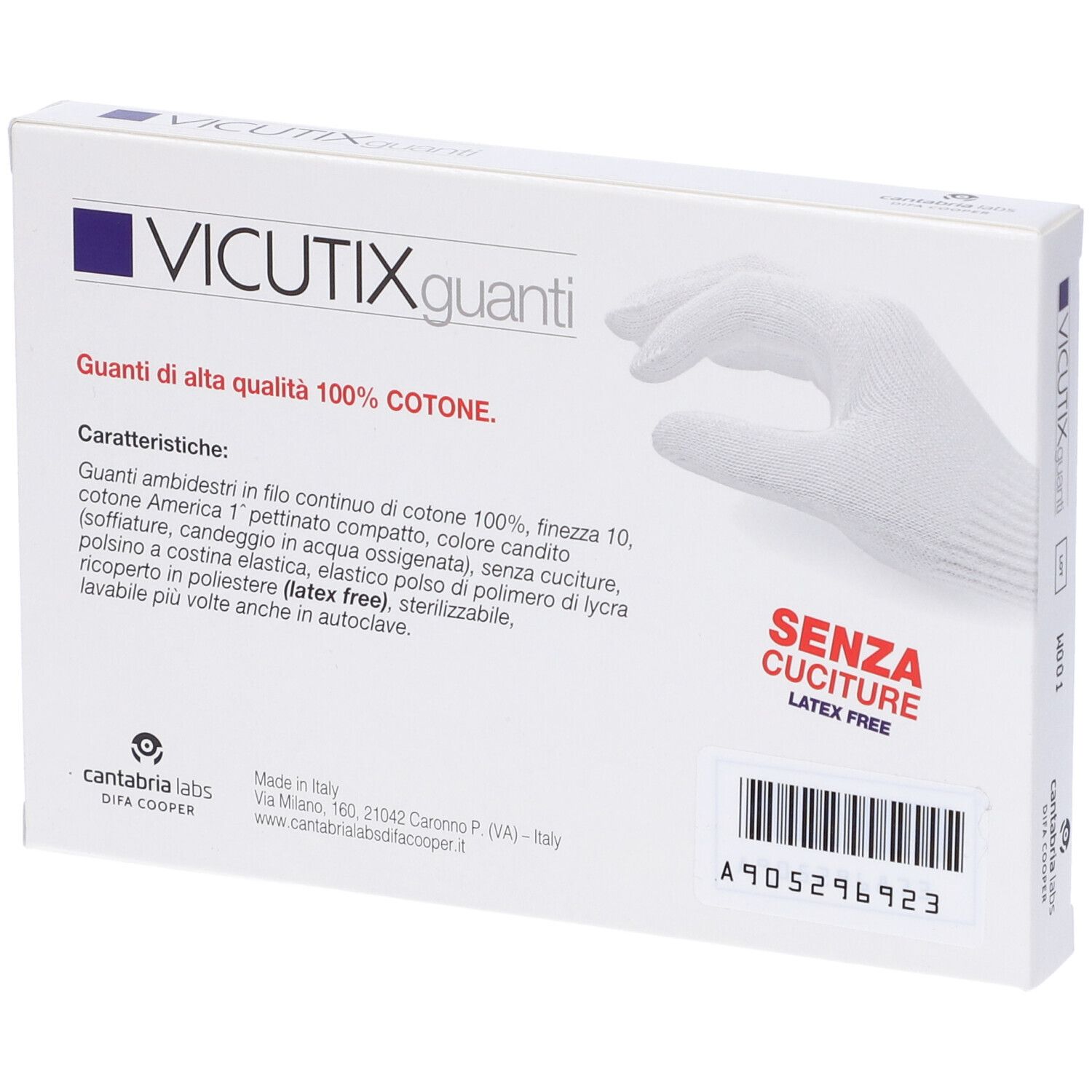 Rückseite der Vicutix Guanti Verpackung. Text: VICUTIX guanti, SENZA CUCITURE, LATEX FREE, cantabria labs. Barcode.