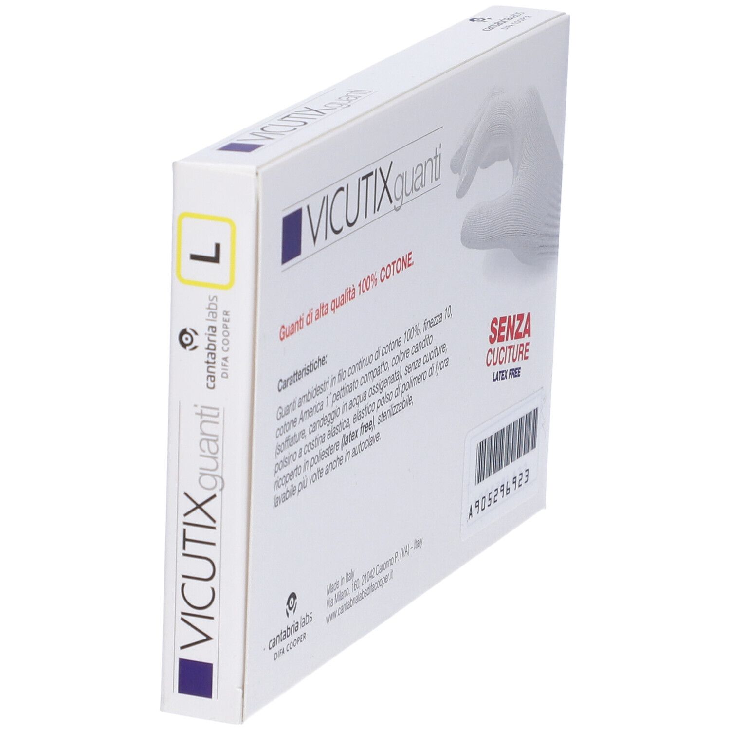 Vicutix Guanti Verpackung schräg. Text: VICUTIX guanti, SENZA CUCITURE, LATEX FREE, cantabria labs. Aufdruck: L.