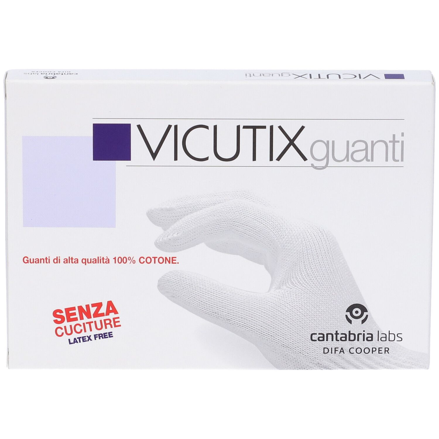 Vicutix Guanti Verpackung. Weiße Box mit Produktabbildung. Text: VICUTIX guanti, SENZA CUCITURE, LATEX FREE, cantabria labs.