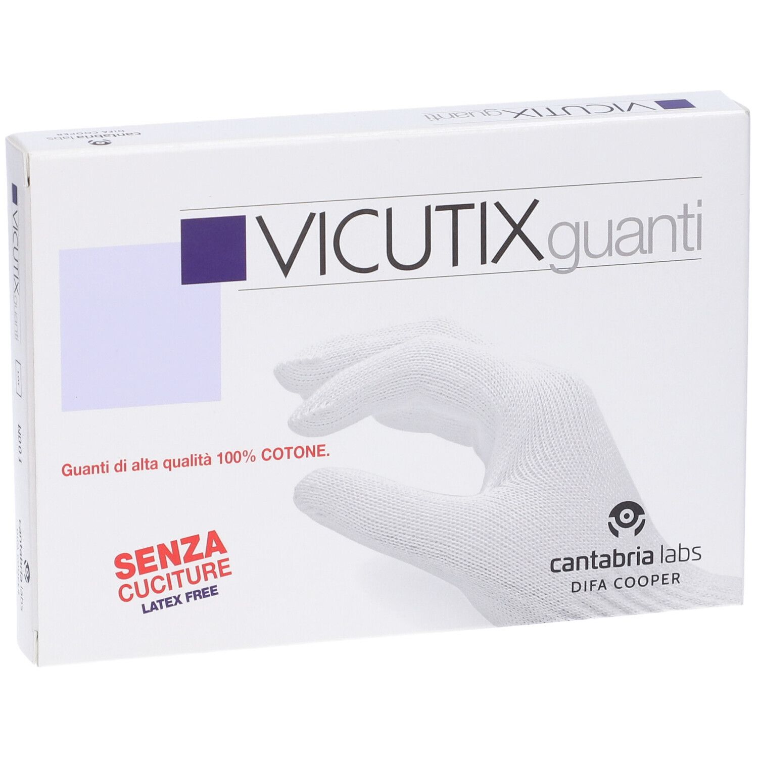 Vicutix Guanti Verpackung. Weiße Box mit Produktabbildung. Text: VICUTIX guanti, SENZA CUCITURE, LATEX FREE, cantabria labs.