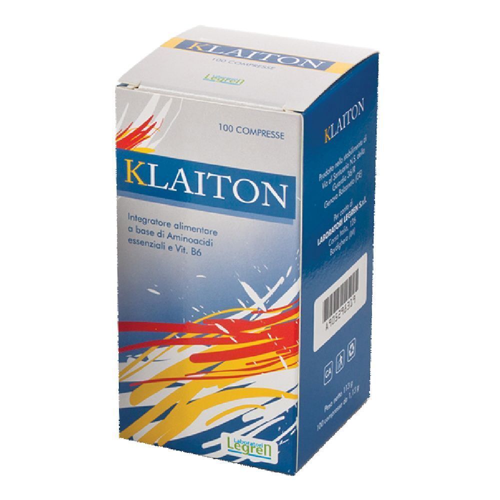 Scatola di Klaiton 100 compresse. Elementi blu, gialli e rossi. Testo: Klaiton, 100 compresse, Legren.