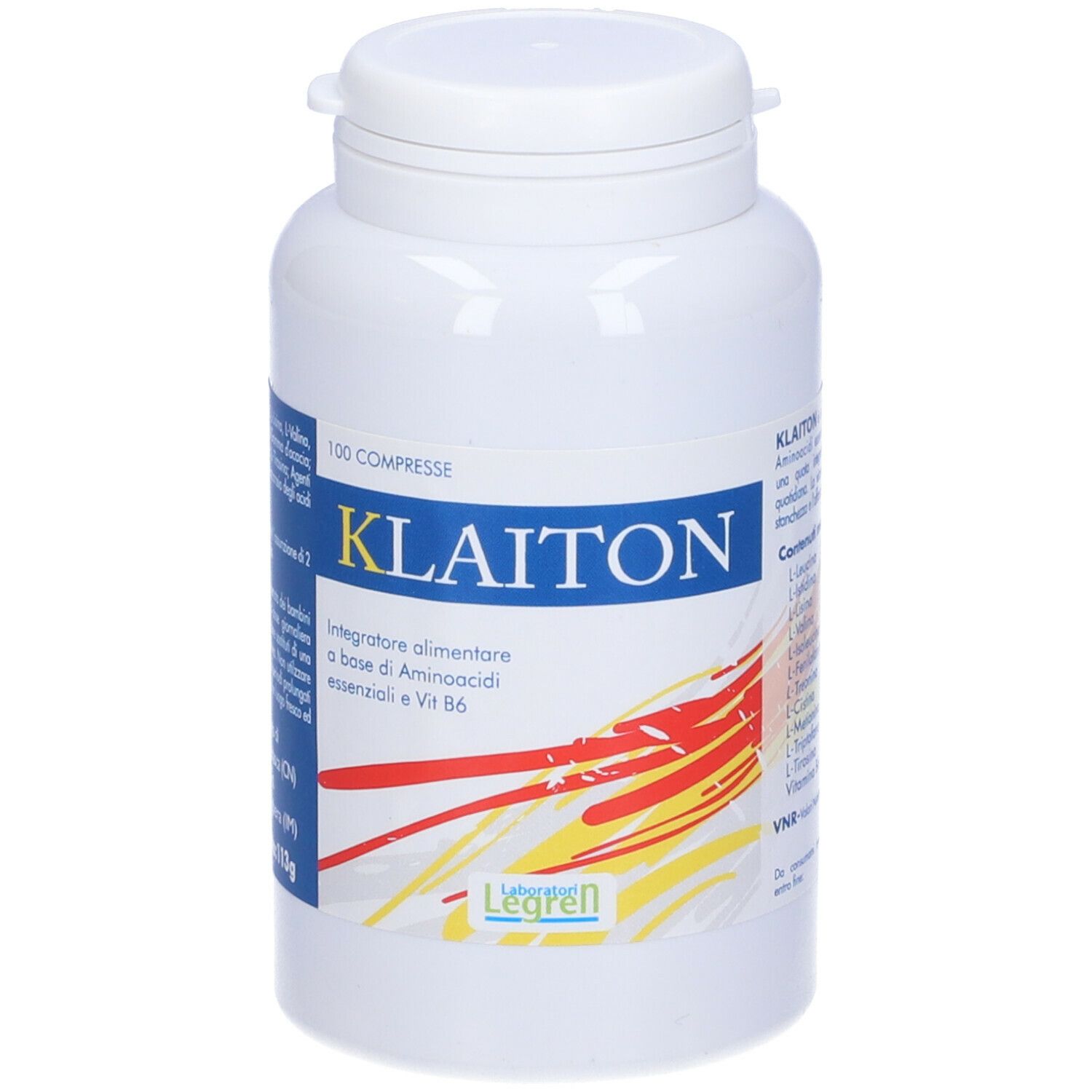 Flacone bianco di Klaiton 100 compresse. Blu, giallo e rosso. Testo: Klaiton, 100 compresse, Legren.