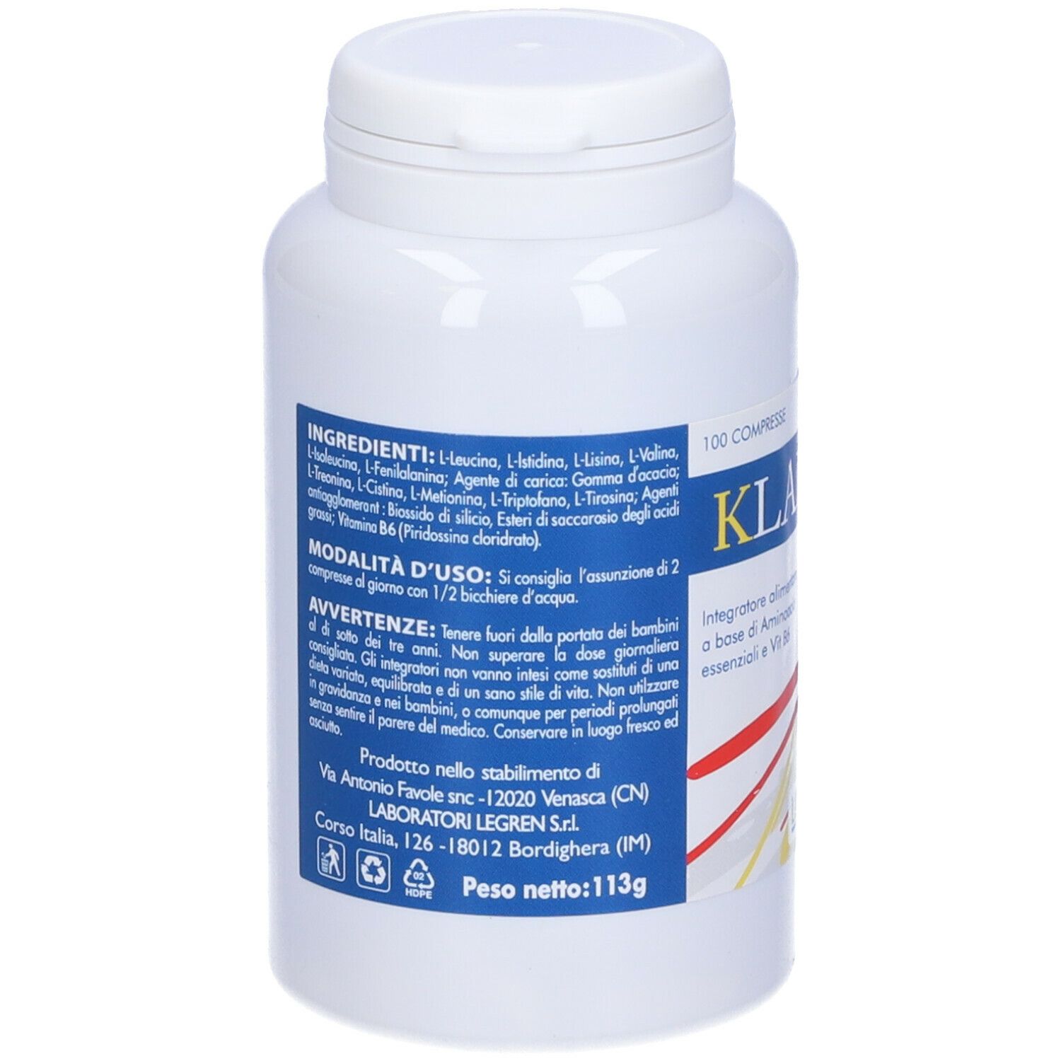 Flacone bianco con testo. Contiene ingredienti, istruzioni per l'uso e avvertenze. Testo: Klaiton, 100 compresse.