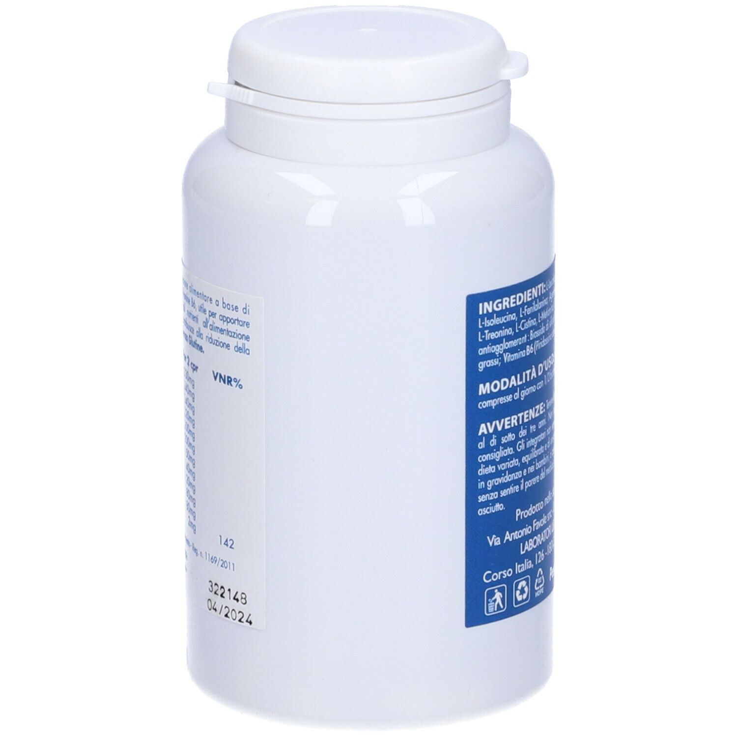 Flacone bianco con testo. Contiene ingredienti, istruzioni per l'uso e avvertenze. Testo: Klaiton, 100 compresse.