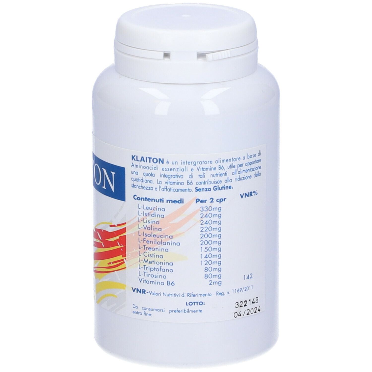 Flacone bianco con testo. Contiene informazioni nutrizionali. Testo: Klaiton, 100 compresse.