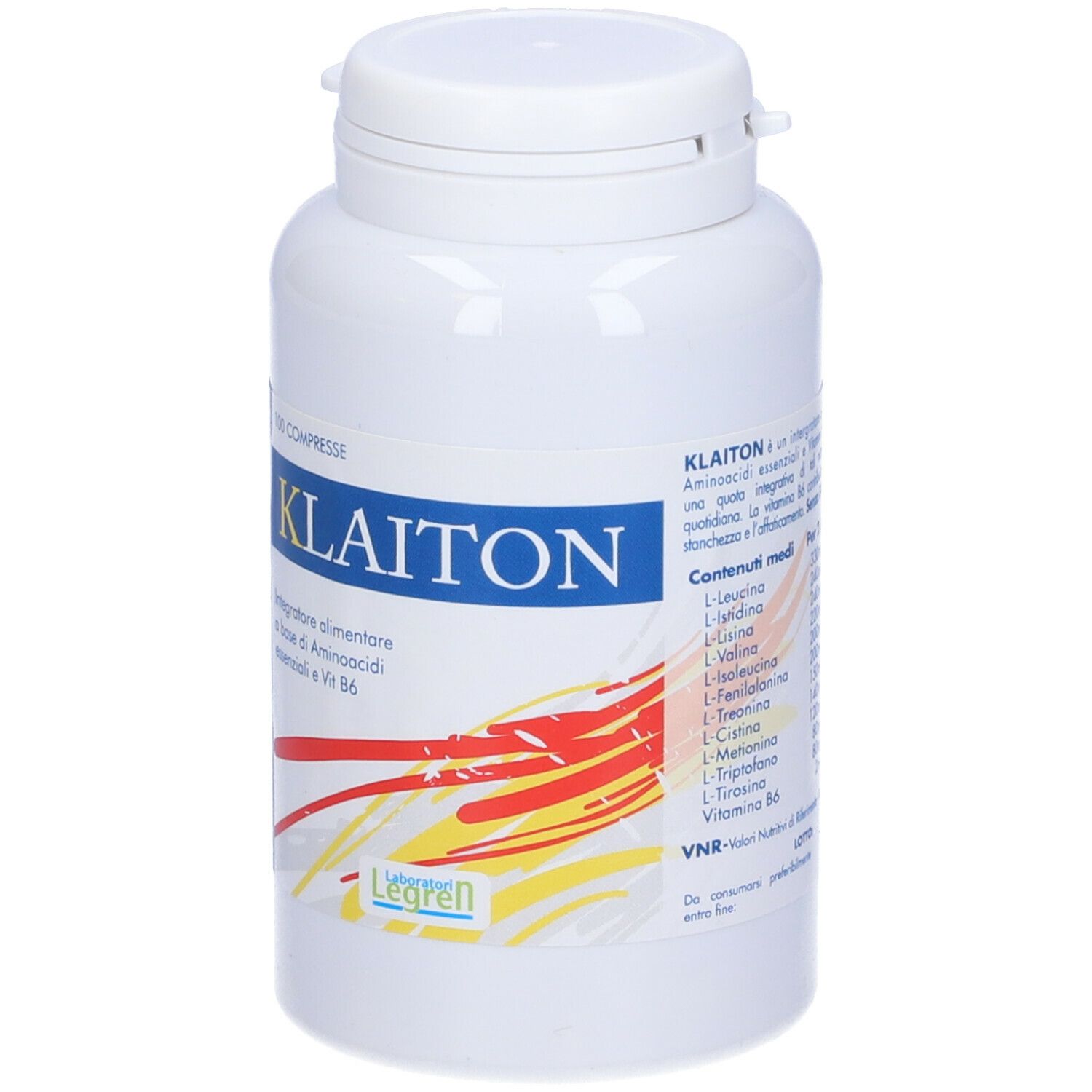 Flacone bianco con testo. Testo: Klaiton, 100 compresse, Legren. Blu, giallo e rosso.