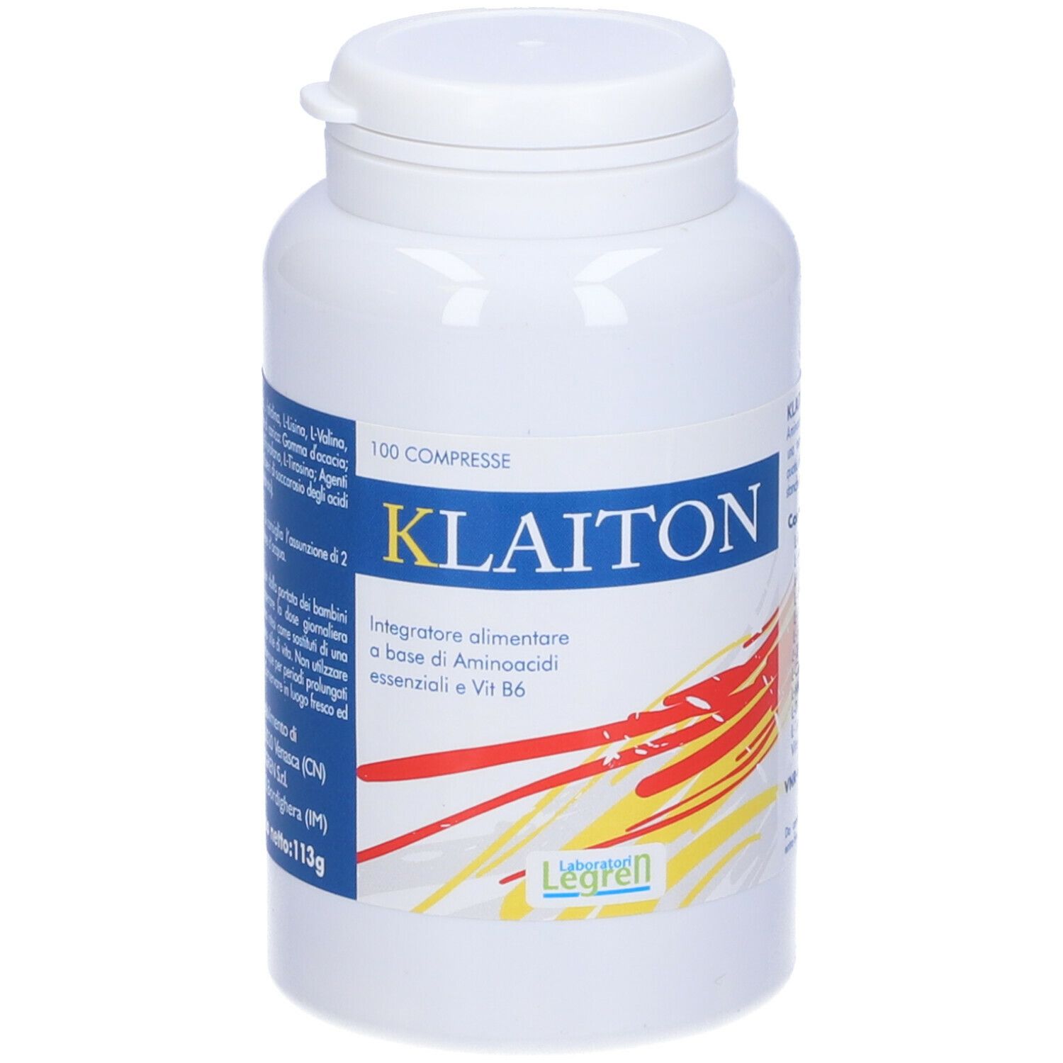 Flacone bianco con testo. Testo: Klaiton, 100 compresse, Legren. Blu, giallo e rosso.