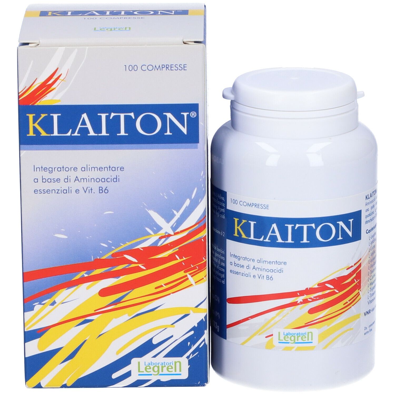 Confezione del prodotto: flacone e scatola. Testo: Klaiton, 100 compresse, Legren. Blu, giallo e rosso.
