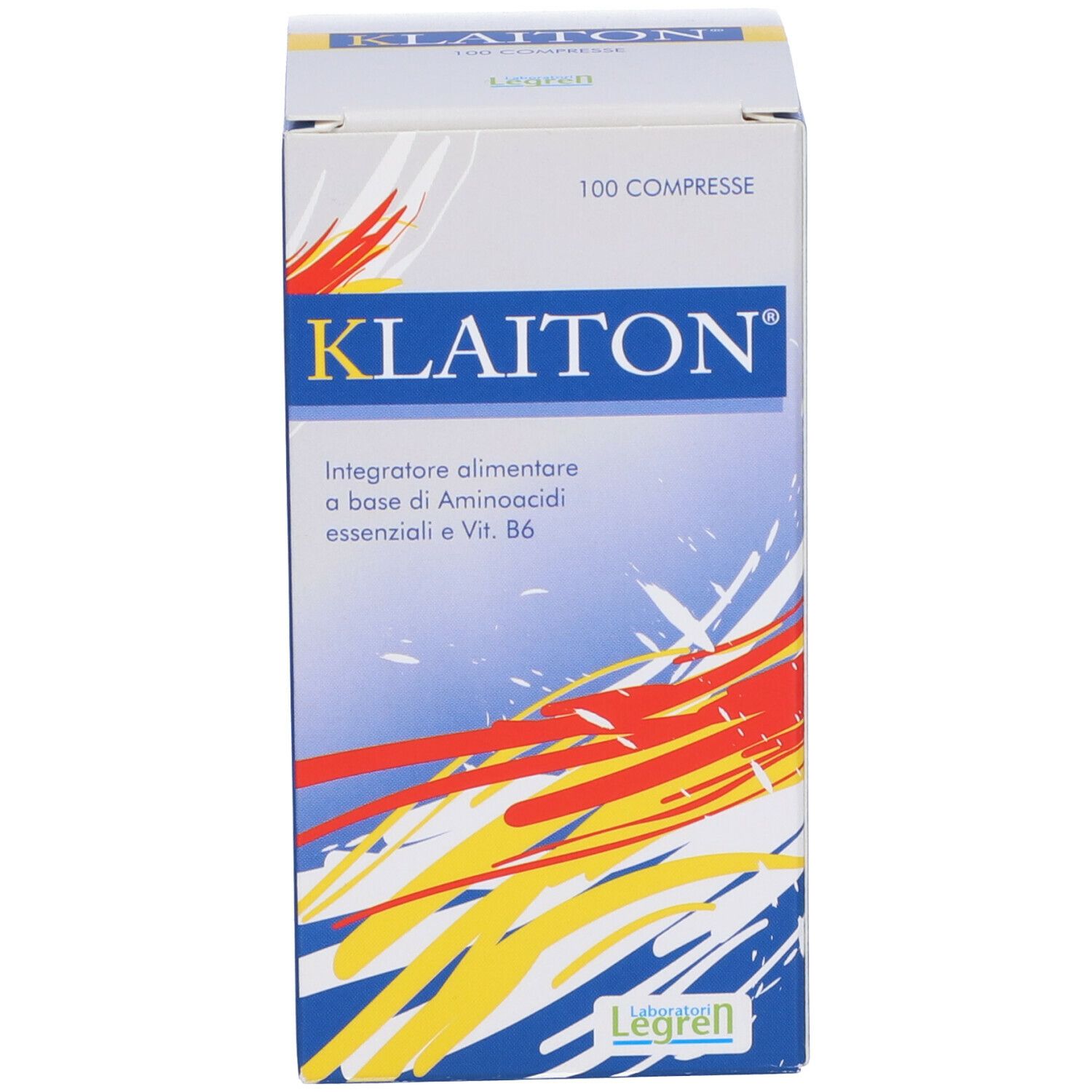 Scatola con testo. Testo: Klaiton, 100 compresse, Legren. Blu, giallo e rosso.