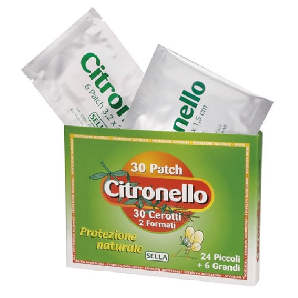 Scatola con 30 cerotti. Due bustine di cerotti sono visibili. Scritta: Citronello, 30 Patch, 2 Formati.