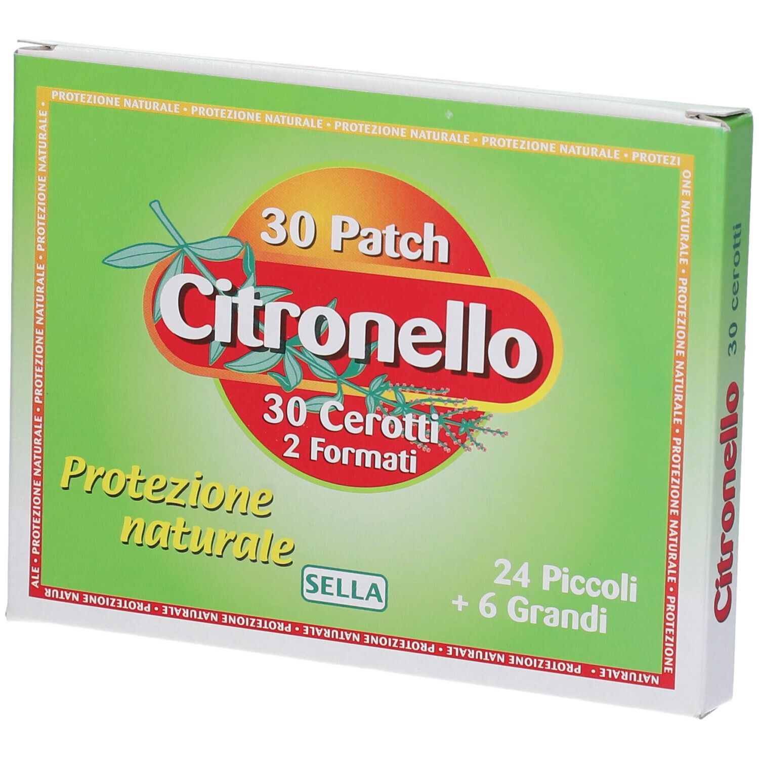 Scatola verde con scritta: Citronello, 30 Patch, 30 Cerotti, 2 Formati, Protezione naturale. 24 Piccoli + 6 Grandi.