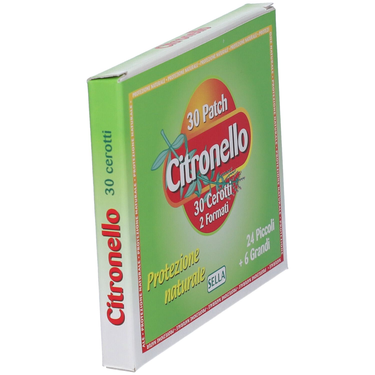Scatola verde con scritta: Citronello, 30 Patch, 30 Cerotti, 2 Formati, Protezione naturale. 24 Piccoli + 6 Grandi.