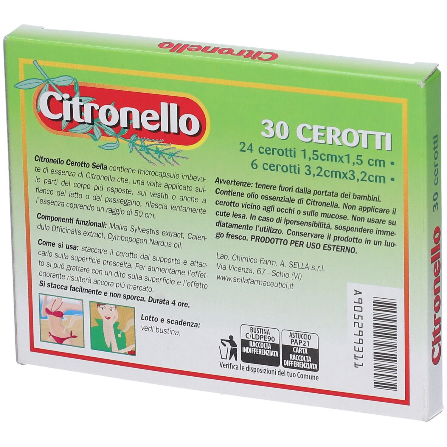 Retro di una scatola verde con testo. Scritta: Citronello, 30 Cerotti. Contiene 24 piccoli e 6 grandi cerotti.