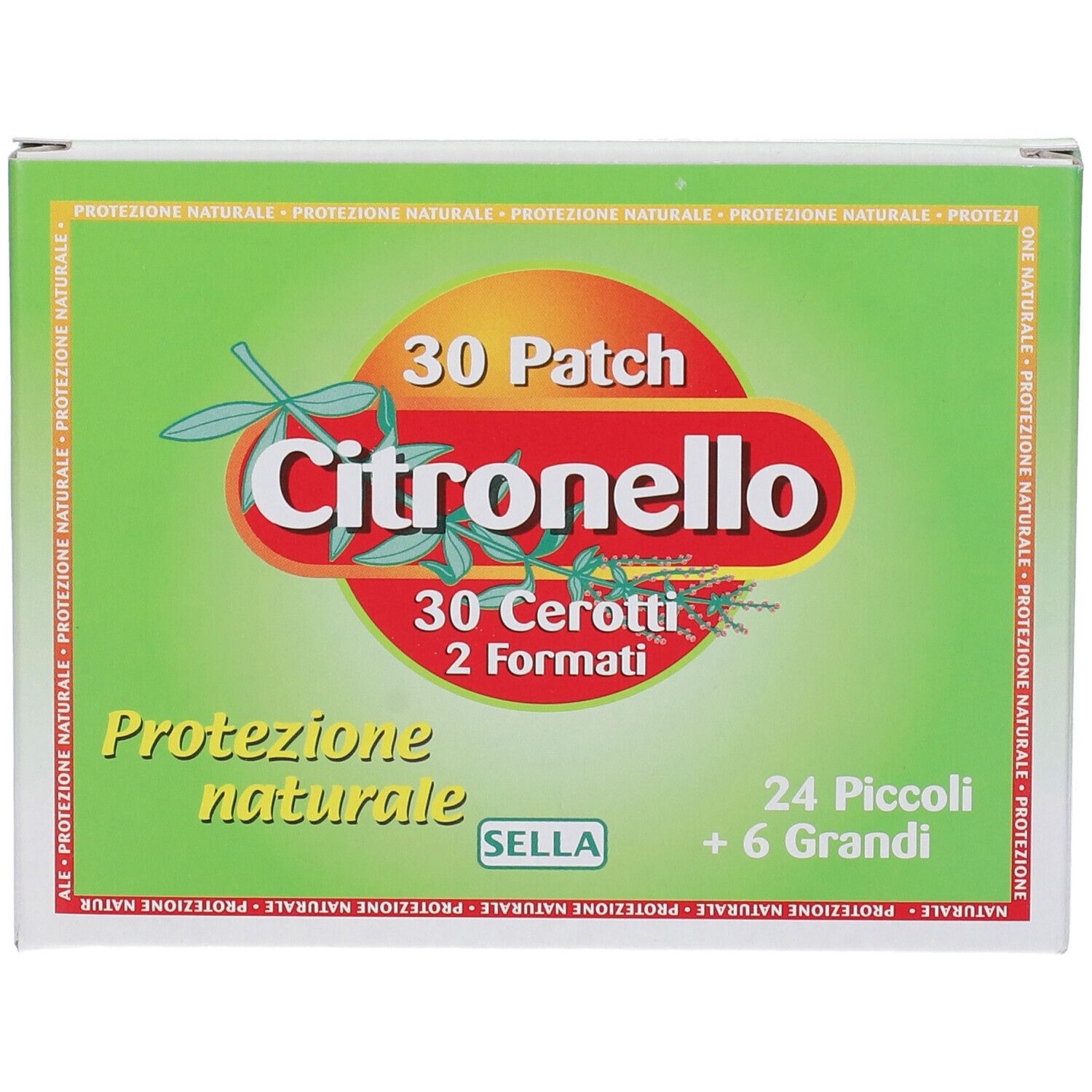 Scatola verde con scritta: Citronello, 30 Patch, 30 Cerotti, 2 Formati, Protezione naturale. 24 Piccoli + 6 Grandi.