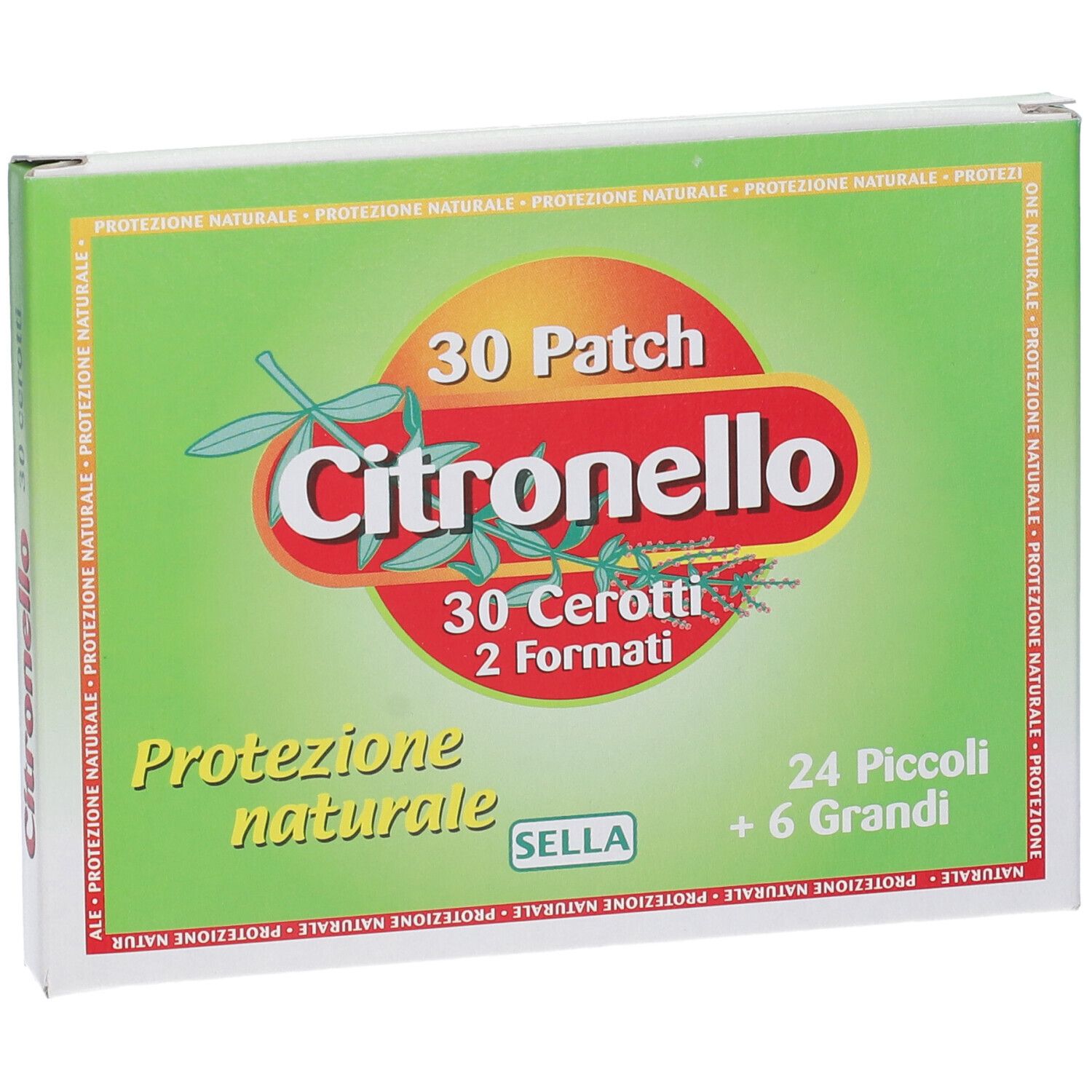 Scatola verde con scritta: Citronello, 30 Patch, 30 Cerotti, 2 Formati, Protezione naturale. 24 Piccoli + 6 Grandi.