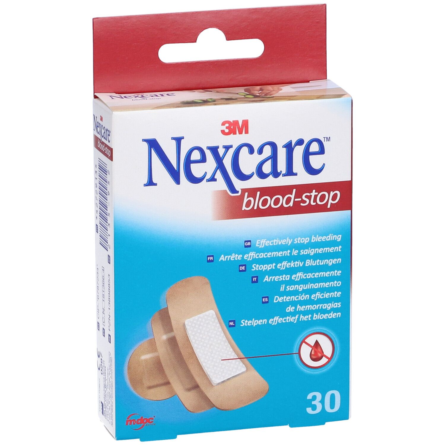 Nexcare blood-stop Pflasterpackung mit 30 Stück.