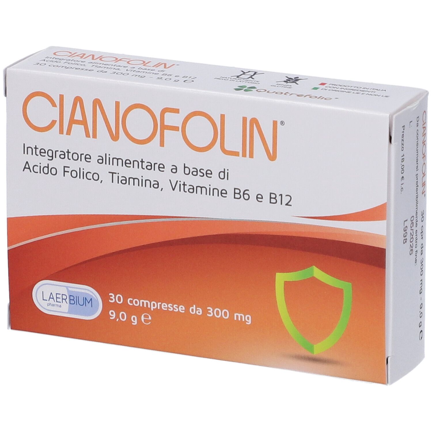 Scatola di compresse Cyanofolin. Confezione arancione e bianca. Contiene 30 compresse.