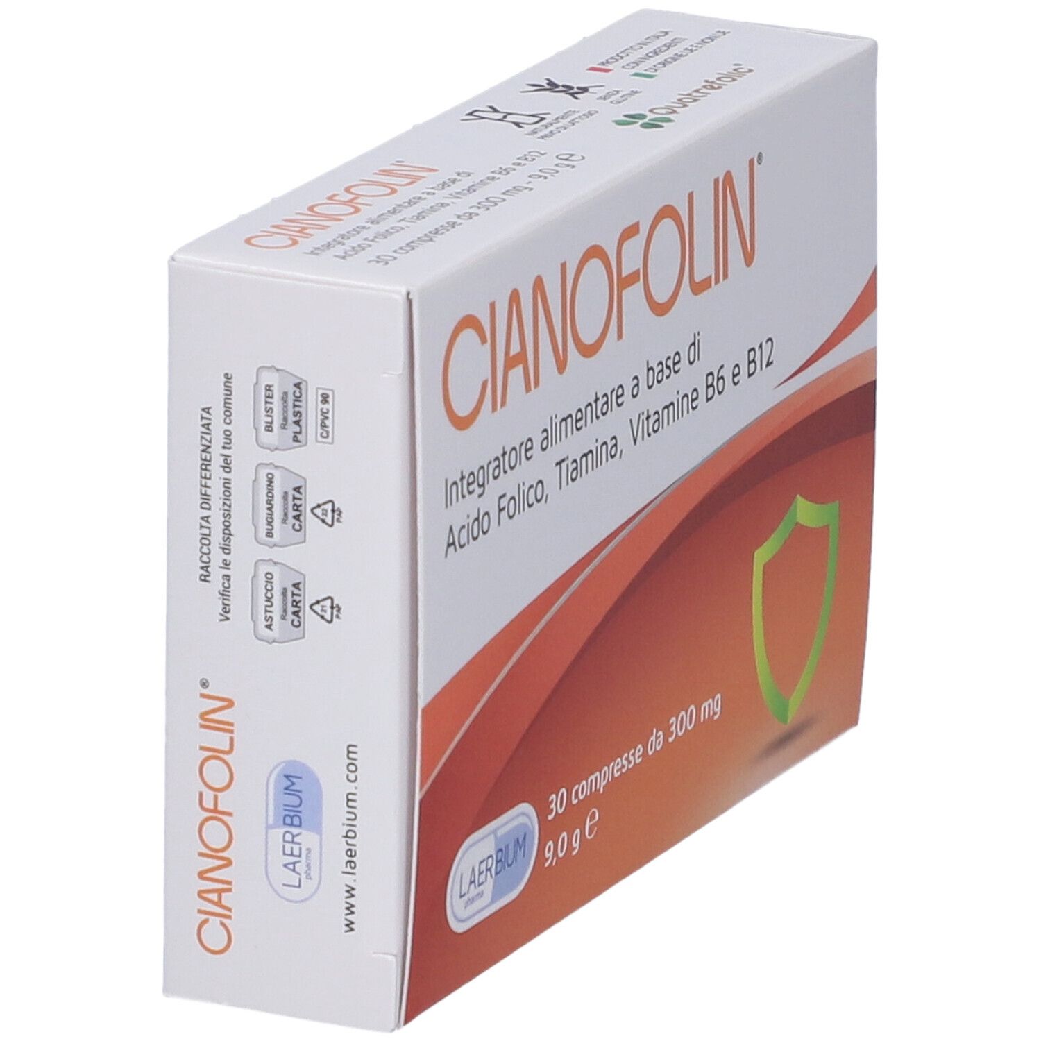 Scatola di compresse Cyanofolin, bianca con design arancione. Contiene 30 compresse. Marchio Laerbium.