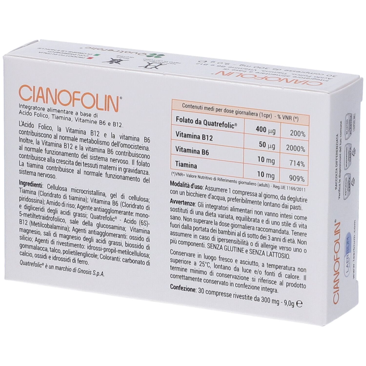 Retro della scatola di compresse Cyanofolin. Contiene informazioni sugli ingredienti e i valori nutrizionali.