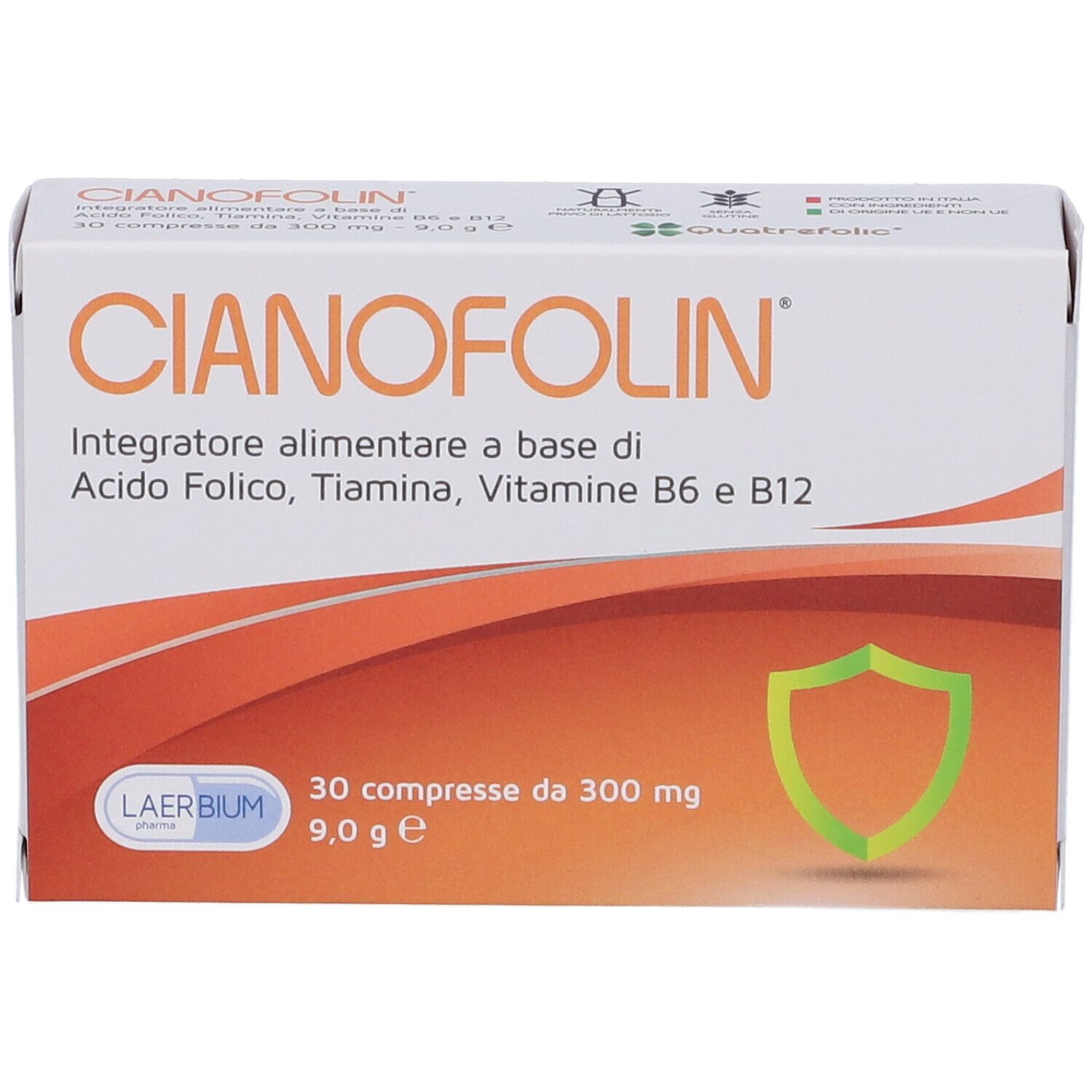 Scatola di compresse Cyanofolin, bianca con design arancione. Contiene 30 compresse. Marchio Laerbium.